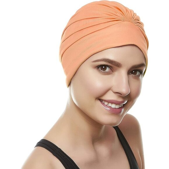 Beemo Swim Caps for Women Swimming Turban Polyester Latex Lined Pleated - Orange - Picture 3 of 9